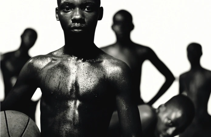 Black and white portrait of a shirtless young Black man holding a basketball, with blurry figures in the background.