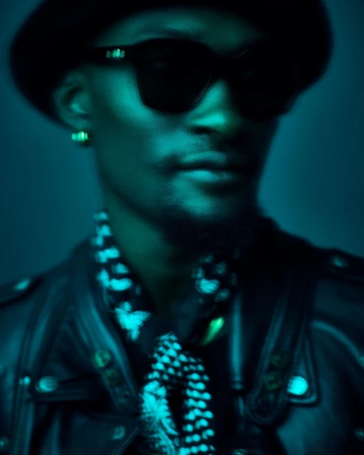 Close-up portrait of a stylish adult male with dark skin in sunglasses, hat, and jacket, against a teal background with a slight blur effect.