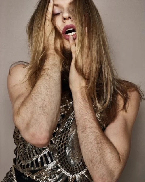 Woman with fair skin and long blonde hair poses with hands on face and mouth slightly open wearing a dark top with silver details.