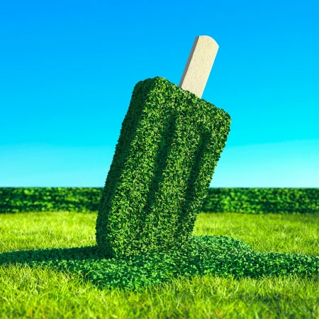 A giant green topiary shaped like an ice cream popsicle standing on a grassy lawn under a clear blue sky