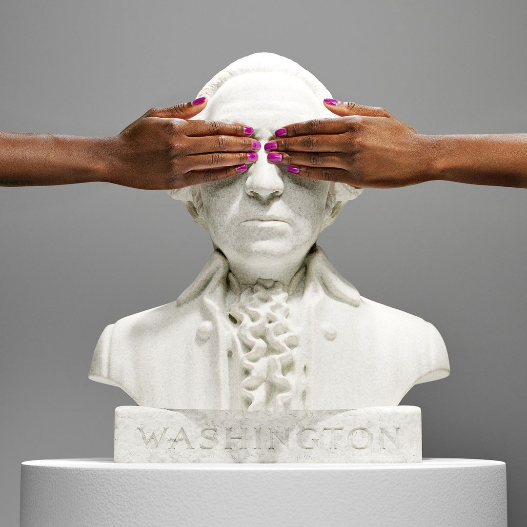 Bust of George Washington with two hands with purple nail polish covering the eyes on a white platform against a gray background.