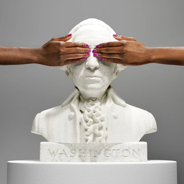 Bust of George Washington with two hands with purple nail polish covering the eyes on a white platform against a gray background.