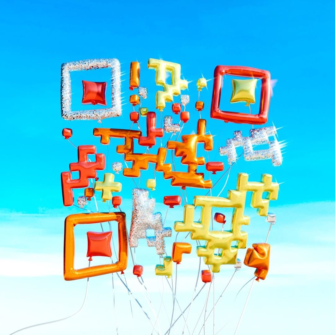 Festive QR code made from vibrant red, orange, yellow, and silver balloons against a bright blue sky background, creating a whimsical design.