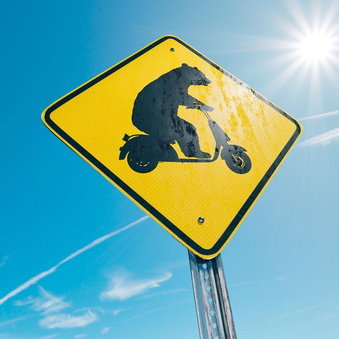 Yellow road sign featuring a black silhouette of a bear riding a motor scooter against a bright blue sky and sunlight.