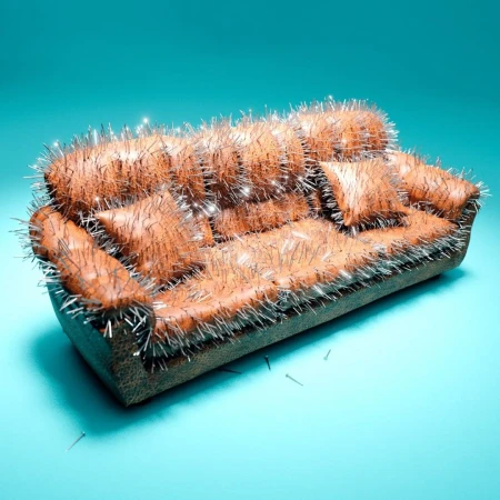 A brown leather couch completely covered in sharp metallic pins and needles against a teal background.