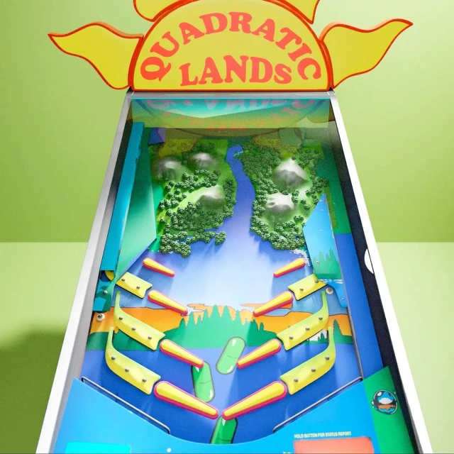 Unique pinball machine with a playful landscape design featuring mountains, a river, trees, and vibrant yellow and green elements.