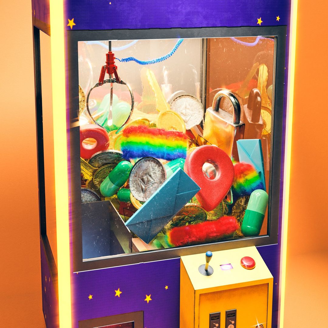 Claw machine filled with cryptocurrency coins, location pin, lock, pills, mail envelope, and rainbow against an orange background.