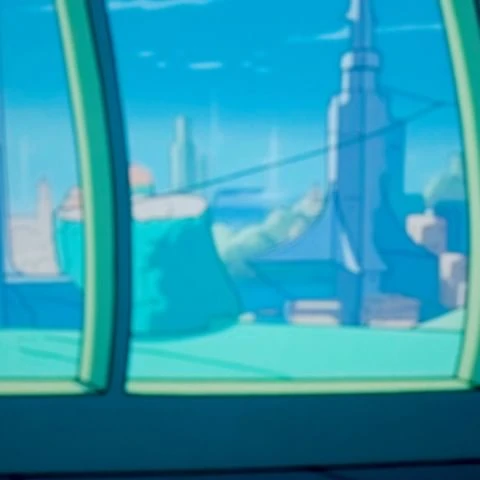 Illustration of a futuristic city skyline with tall buildings, viewed from a window with green frames, under a bright blue sky.