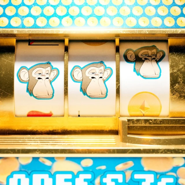 Casino slot machine reels featuring cartoon monkey faces, gold detailing, and a bright blue and yellow patterned background.