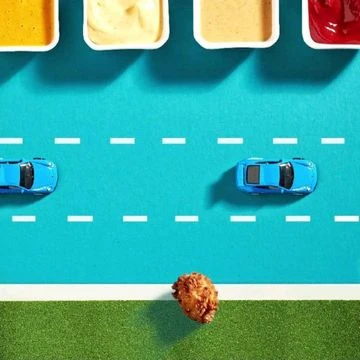 Overhead shot of two toy cars on a blue road with white lane markings leading to a piece of fried chicken and a row of dipping sauces.