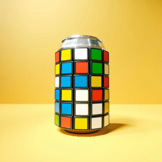 Still life shot of a novelty metal soda can covered in a colorful Rubik's Cube pattern against a solid yellow background in studio lighting.
