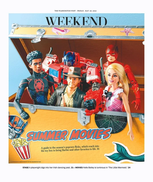 Summer movie lineup cover featuring toy action figures of diverse characters in a vintage trunk against a light blue backdrop.