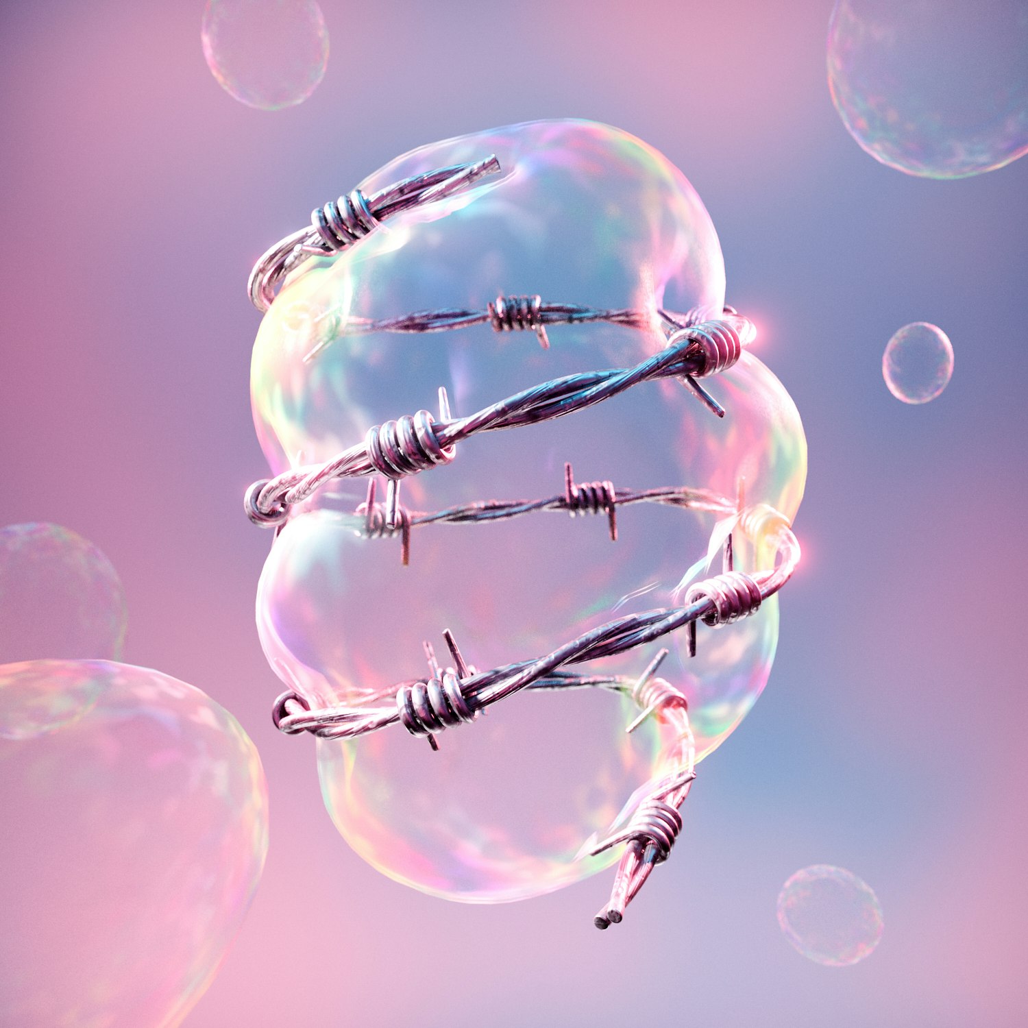 Abstract image featuring a iridescent soap bubble form wrapped with barbed wire, set against a graduated pink and blue background.