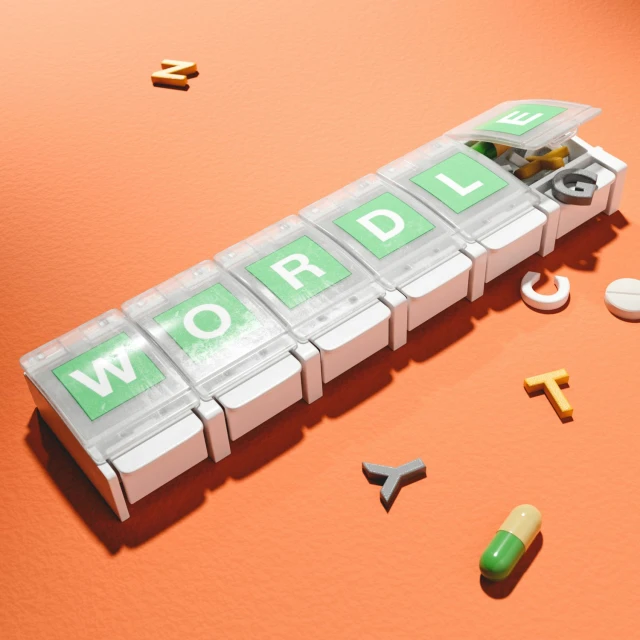 Pill organizer with colorful tablets spelling out "WORDLE" and scattered letter shapes on an orange background in a brightly lit studio shot.