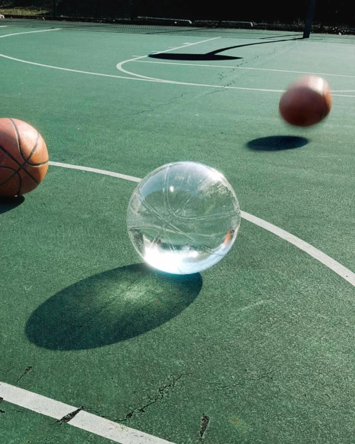 Basketball court with a clear crystal ball reflecting basketballs, one in motion, creating a surreal and dynamic composition outdoors.