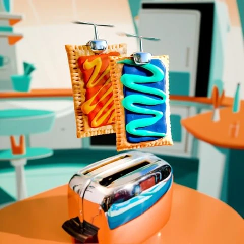 Two Pop-Tarts hover above a shiny toaster on an orange tabletop in a retro-style kitchen with teal and orange accents.