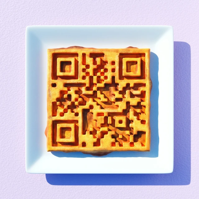 Overhead shot of a waffle on a square plate, designed to resemble a QR code, on a solid lavender background with shadow.
