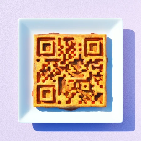 Overhead shot of a waffle on a square plate, designed to resemble a QR code, on a solid lavender background with shadow.