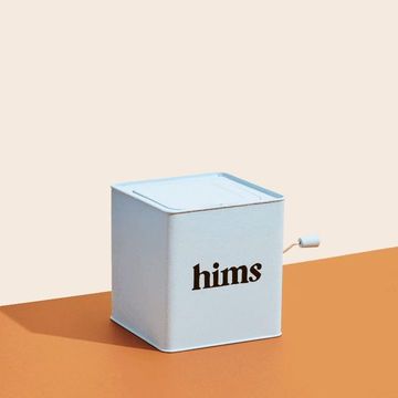 Light blue square container with the brand name “hims” displayed against a beige and orange background.