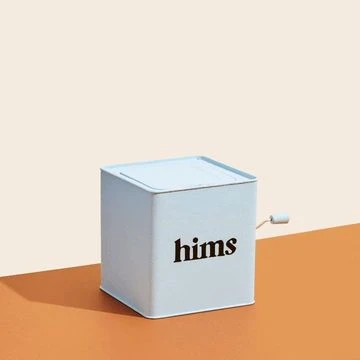 Light blue square container with the brand name “hims” displayed against a beige and orange background.