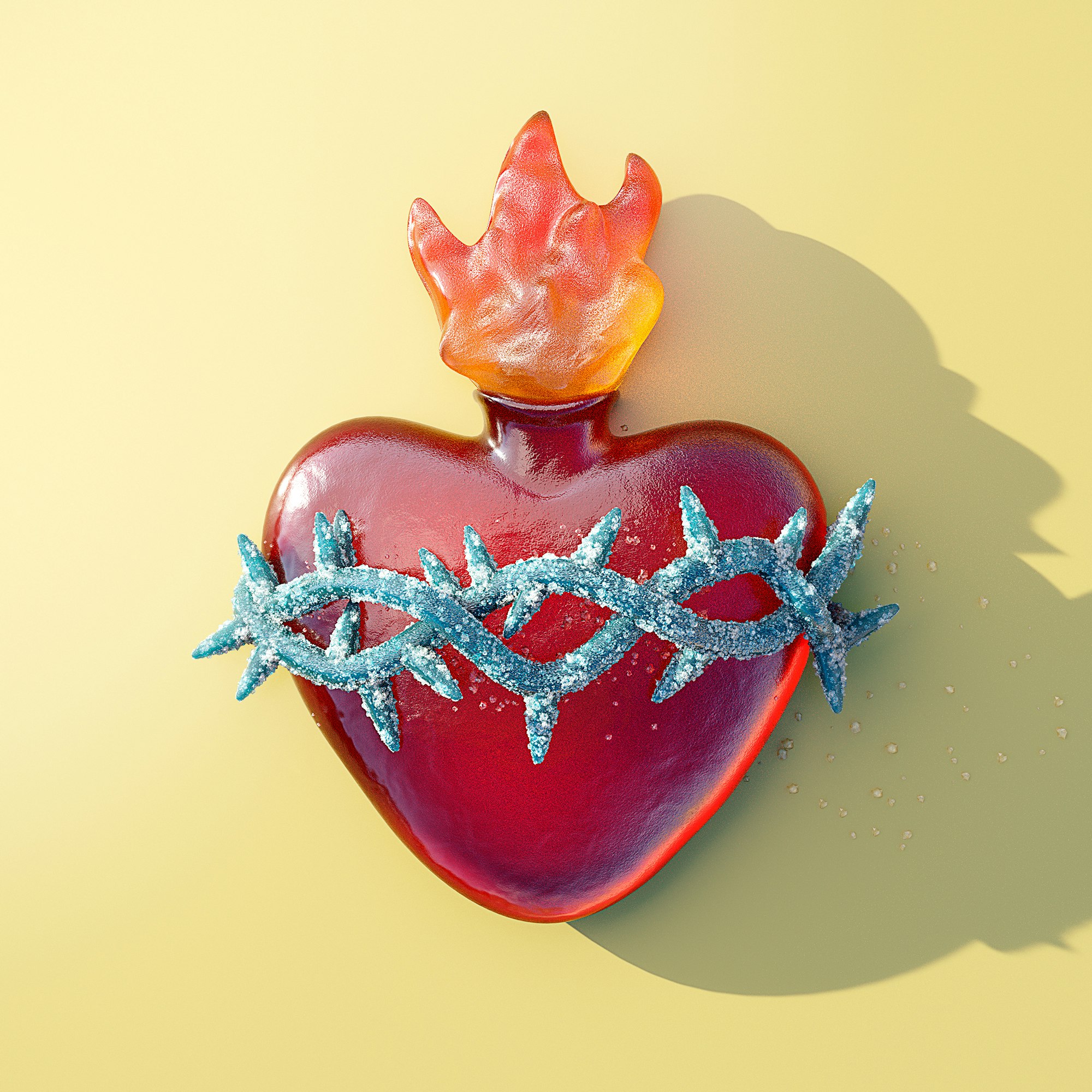 Red heart art piece with a crown of thorns and flame atop, casting a shadow on a pale yellow background, art photography.