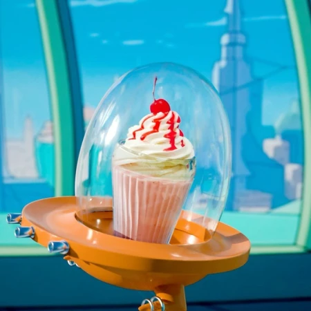 Cartoon-style image of a cupcake topped with whipped cream and a cherry, displayed in a futuristic dome with city background.