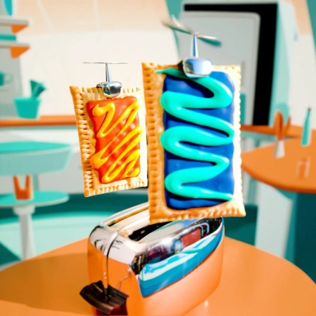 Toaster with two frosted pastries on prongs indoors, bright colors, orange table, cyan walls, retro aesthetic and artificial lighting.