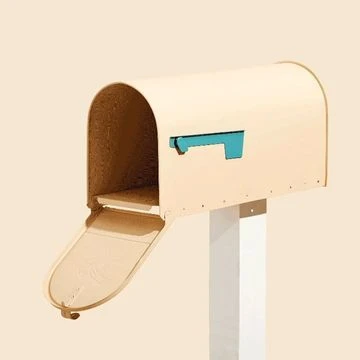 Beige mailbox with the door open on a white post, shot against a soft beige background in a studio setting. Minimalist design.