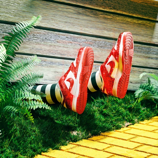 Whimsical view of red sneakers on black-and-white striped stockings emerging from grass with a yellow brick path and wooden siding.