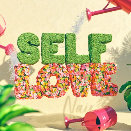 Whimsical typography art featuring 'Self Love' spelled out with grass and flowers, pink watering cans, and digital art style.