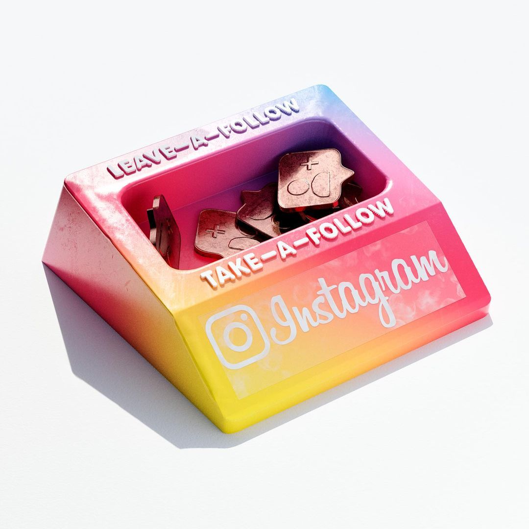 Instagram themed novelty container with social media follow coins. Colorful design and eye-catching display for social media promotion.