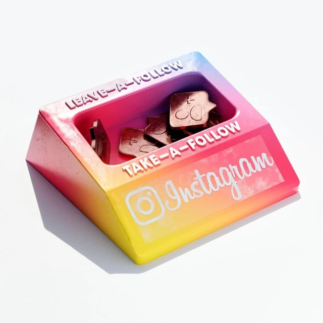 Instagram themed novelty container with social media follow coins. Colorful design and eye-catching display for social media promotion.