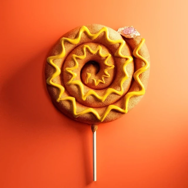 Overhead view of a lollipop with a swirl pattern on an orange background creating a visually appealing food still life image.