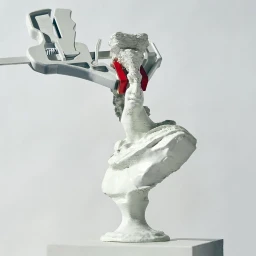 A white classical bust sculpture clamped tightly by a grey and red spring clamp against a pale background.
