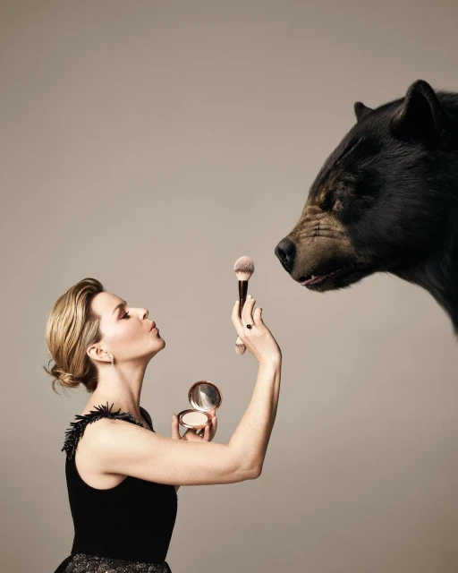 Elegant woman in black dress holds makeup brush and compact near a large black bear head in a studio setting on a gray background.