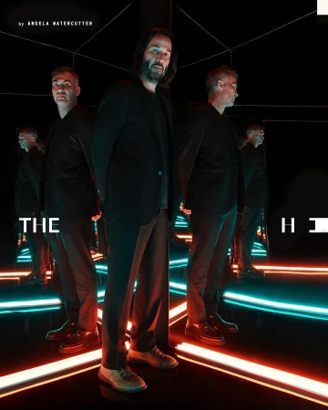 Three adult men are standing in a photo studio with neon lights and reflective walls. One man is centered with the others in mirrors.