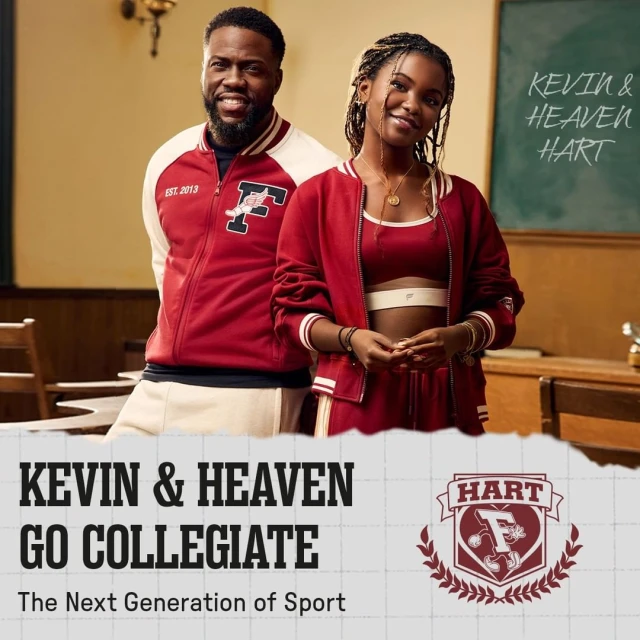 Kevin Hart and Heaven Hart are posing indoors wearing matching sporty red and white varsity jackets and athletic apparel against a classroom background.