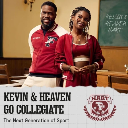 Kevin Hart and Heaven Hart are posing indoors wearing matching sporty red and white varsity jackets and athletic apparel against a classroom background.