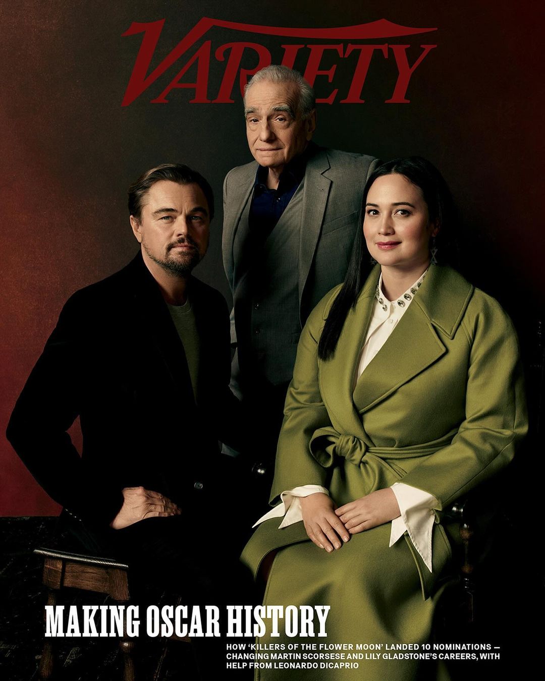 Three individuals: Leonardo DiCaprio, Martin Scorsese, and Lily Gladstone, on the cover of Variety magazine against a muted background.
