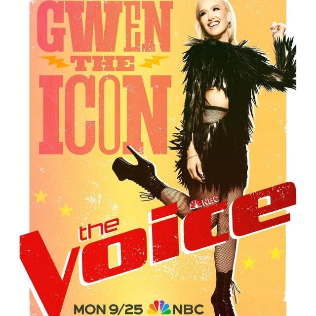 Gwen Stefani poses in feathered black dress and high-heeled boots on a promotional poster for The Voice, set against a yellow background.