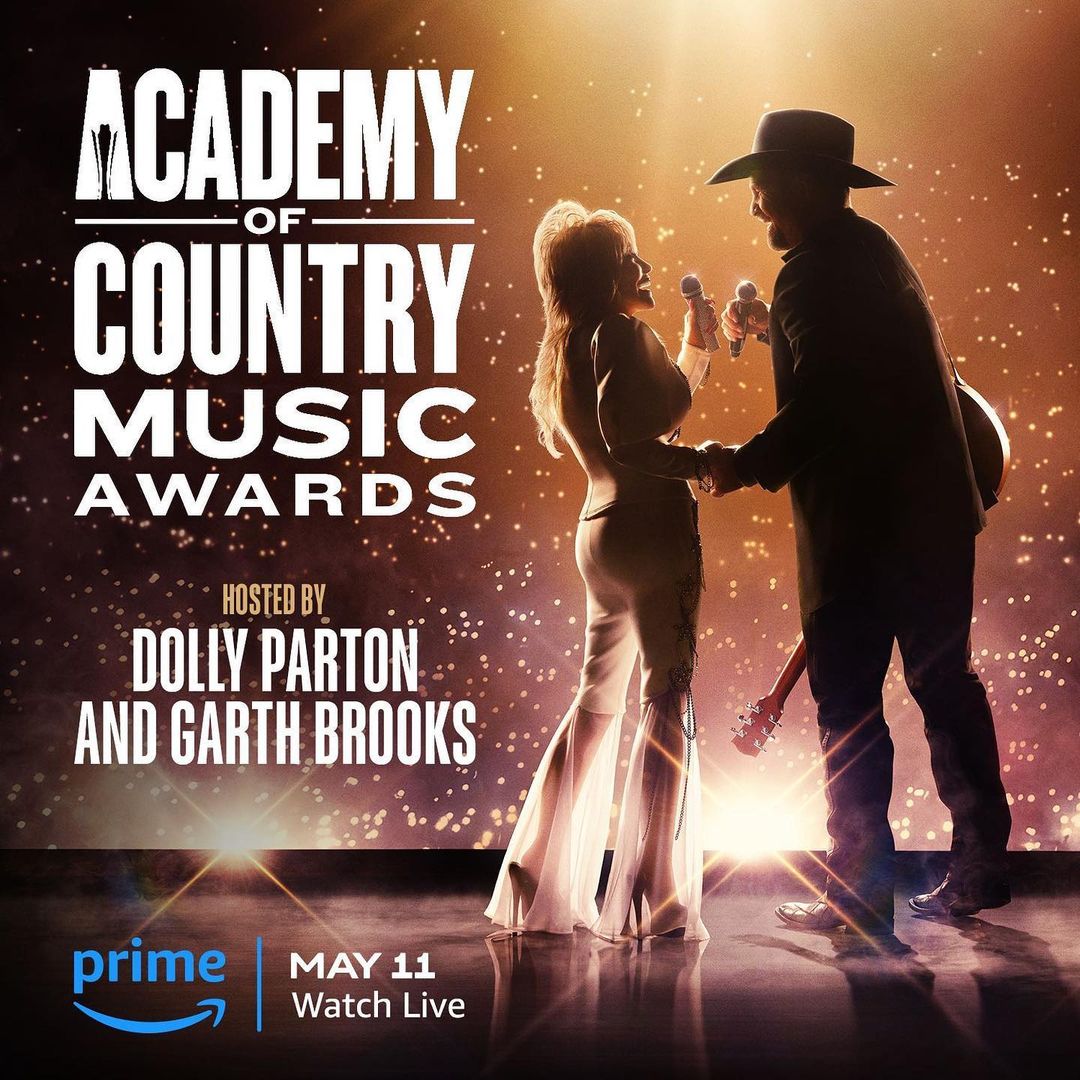 Dolly Parton and Garth Brooks host the Academy of Country Music Awards in a promotional image featuring a starry background and event details.