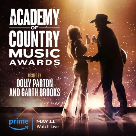 Dolly Parton and Garth Brooks host the Academy of Country Music Awards in a promotional image featuring a starry background and event details.