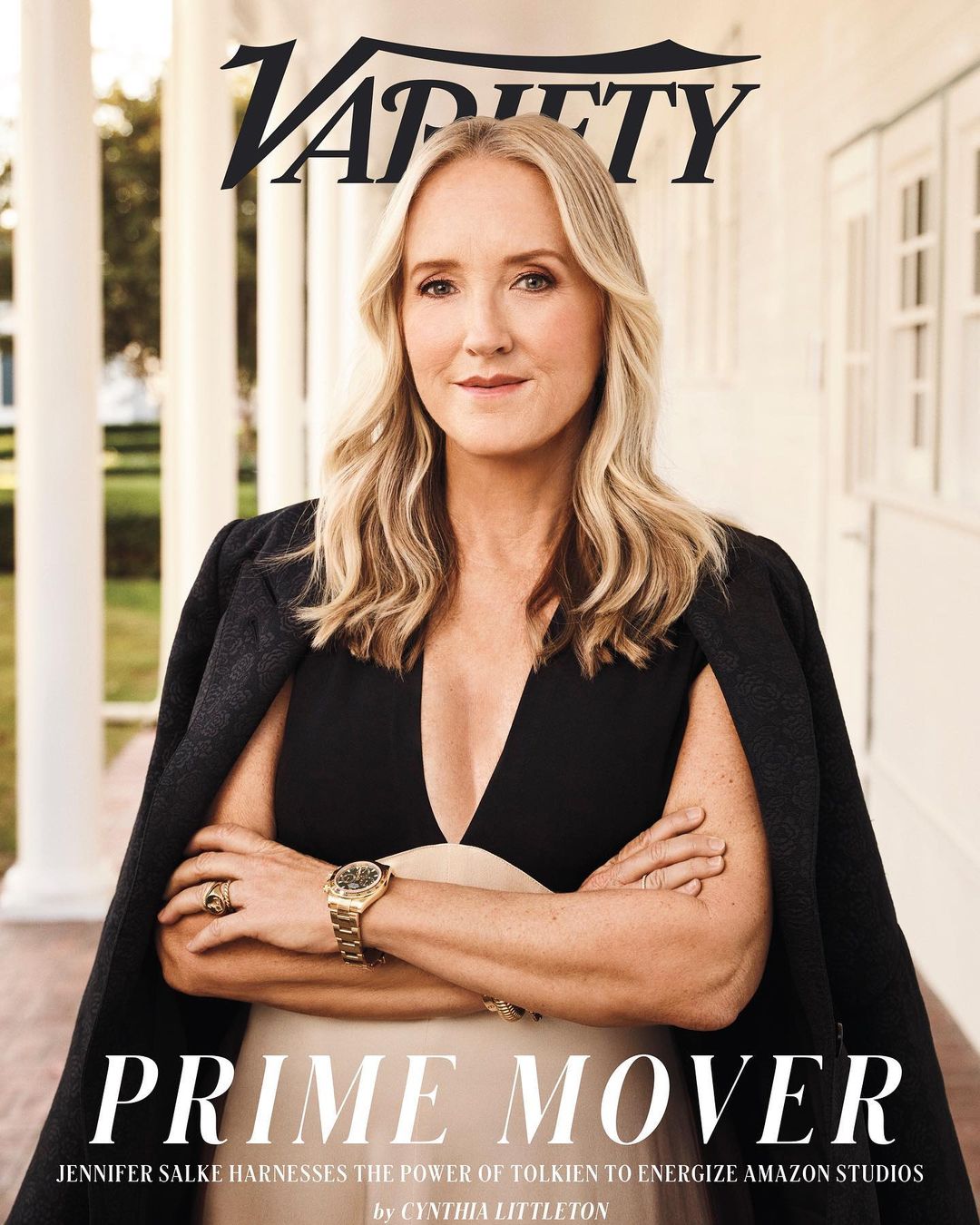 Jennifer Salke, blonde woman in a black dress with a blazer draped over her shoulders, poses for Variety cover with crossed arms.