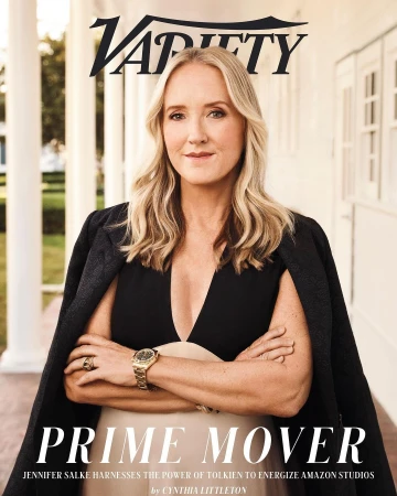 Jennifer Salke, blonde woman in a black dress with a blazer draped over her shoulders, poses for Variety cover with crossed arms.