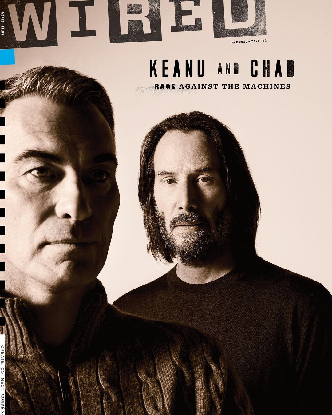 Magazine cover featuring Keanu Reeves and Chad Stahelski in a portrait shot. The magazine is titled 'WIRED' against a neutral background.