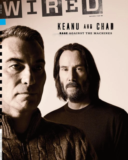 Magazine cover featuring Keanu Reeves and Chad Stahelski in a portrait shot. The magazine is titled 'WIRED' against a neutral background.