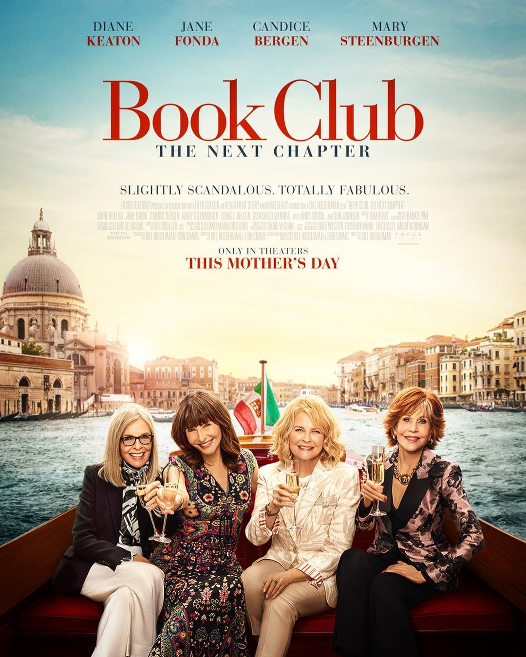 Movie poster for 'Book Club: The Next Chapter' featuring Diane Keaton, Jane Fonda, Candice Bergen, and Mary Steenburgen on a Venetian canal.