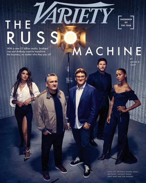 Variety magazine cover featuring a group of five celebrities posing in front of a film light for a studio portrait.