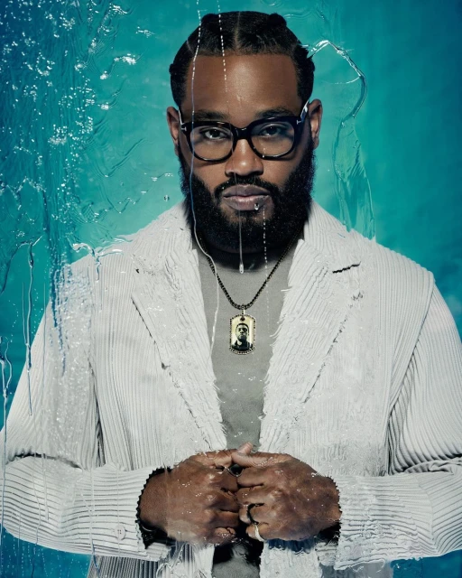 Portrait of an adult Black male wearing glasses and a light-colored suit, with water droplets on the lens and turquoise background.