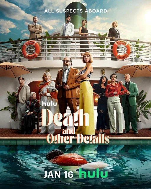 Promotional poster for the Hulu series, Death and Other Details, featuring a cast of 13 people on a boat deck above water and a January 16 release date.